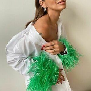 Zara White Poplin Shirt With Green Feather Cuffs Size S